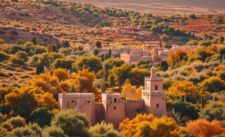 Moroccan kasbah surrounded by golden autumn trees in the south
